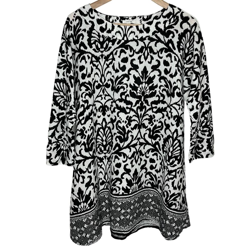 Tyler Boe Womens Linen Tunic Dress Small White Black Scroll 3/4 Sleeve Cover Up